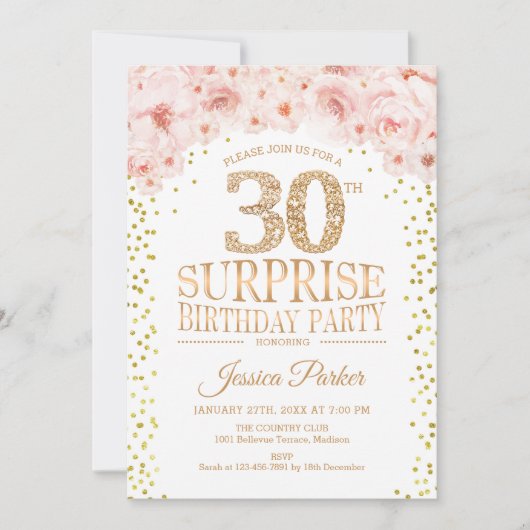サプライズ30th誕生日パーティー – ホワイト金ゴールドピンク 招待状 (正面)