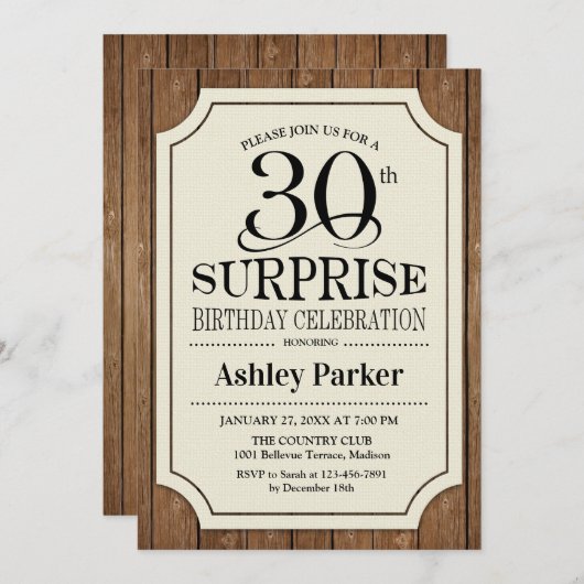 サプライズ30th誕生日パーティー – 木目パターン 招待状 (正面/裏面)