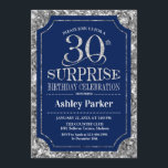 サプライズ30th誕生日パーティー- Silver Navy Blue 招待状<br><div class="desc">サプライズ30th誕生日お祝い招待状。ネイビーエレガントブルーとグリッターシルバーのパタフェイクーンの上品なデザイン。機能スクエレガントリプトフォントメッセージもしの詳細なカスタマイズが必要。</div>
