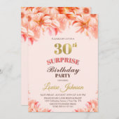 サプライズ30th誕生日ピンクの金ゴールドフローラパーティー 招待状 (正面/裏面)