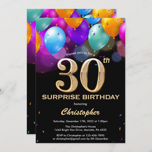 サプライズ30th誕生日ブラックと金ゴールドバルーン 招待状 (正面/裏面)