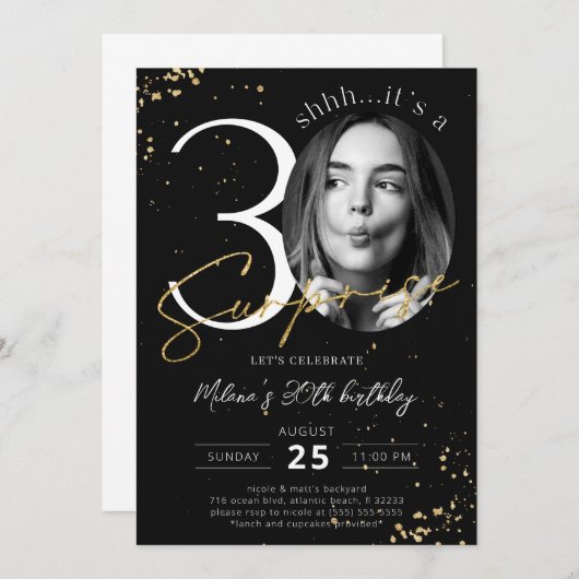 サプライズ30th誕生日ブラック金ゴールドフォト招待状 招待状 (正面/裏面)