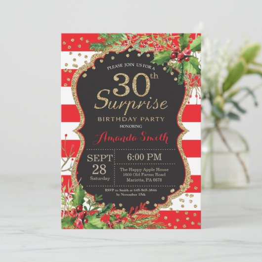 サプライズ30th誕生日招待状クリスマス金ゴールド 招待状 (スタンド正面)