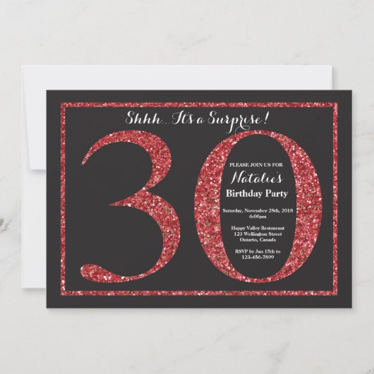 サプライズ30th誕生日招待状レッドグリッター 招待状 (正面)