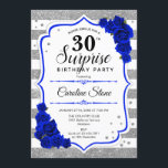 サプライズ30th誕生日 – シルバーホワイト王室のブルー 招待状<br><div class="desc">サプライズ30th誕生日招待状。白フェミニン色王室のの青いデザインとグリッター銀フェイク。機能ストライプ、ネイビーバラ、スクリプトフォントと紙吹雪。エレガントな誕生日パーティーに最適。任意のパーソナライズされた年齢を示すことができる。メッセージもしの詳細なカスタマイズが必要。</div>
