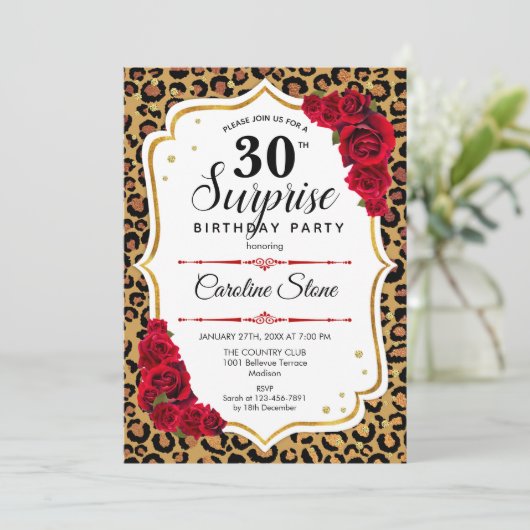 サプライズ30th誕生日 – ヒョウ金ゴールド白レッド 招待状 (スタンド正面)