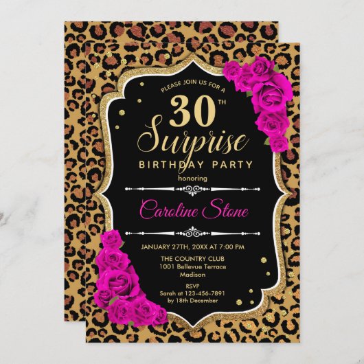サプライズ30th誕生日 – ヒョウ黒金ゴールドピンク 招待状 (正面/裏面)