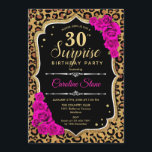 サプライズ30th誕生日 – ヒョウ黒金ゴールドピンク 招待状<br><div class="desc">サプライズ30th誕生日招待状。黒フェミニン色、ホットピンクのデザインとフェイクグリッター金ゴールド。動物ヒョウのチーターパターン、明るい赤紫色バラ、スクリプトフォントと紙吹雪を特徴とする。エレガントな誕生日パーティーに最適。任意のパーソナライズされた年齢を示すことができる。メッセージもしの詳細なカスタマイズが必要。</div>