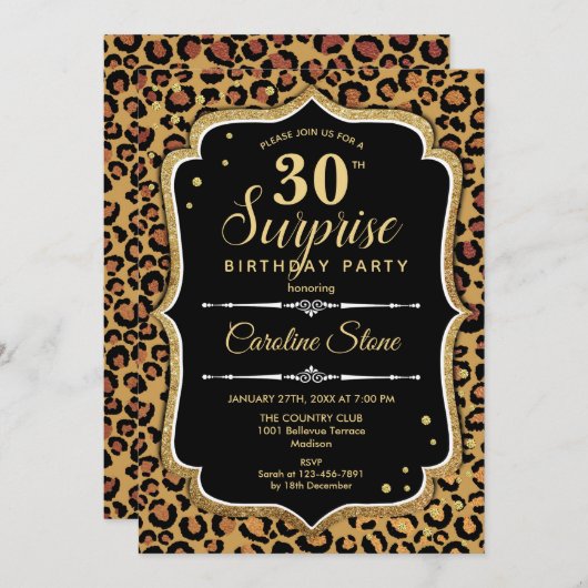 サプライズ30th誕生日 – ヒョウ黒金ゴールド 招待状 (正面/裏面)