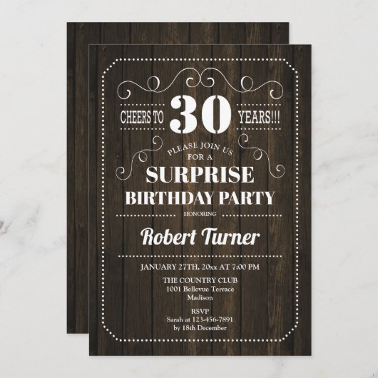 サプライズ30th誕生日 – 木目パターン 招待状 (正面/裏面)