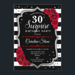 サプライズ30th誕生日 – 白黒赤 招待状<br><div class="desc">サプライズ30th誕生日招待状。黒フェミニン白の赤いデザインとグリッター銀フェイク。白黒の、赤ストライプいバラ、スクリプトフォント、紙吹雪を備えている。エレガントな誕生日パーティーに最適。任意のパーソナライズされた年齢を示すことができる。メッセージもしの詳細なカスタマイズが必要。</div>