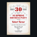 サプライズ30th誕生日 – 赤白ブラック 招待状<br><div class="desc">驚きの30th誕生日招待状レトロデザイン赤い白黒でヴィンテージクリーミーな背景。応援30年！任意のパーソナライズされた年に入ることができる。</div>