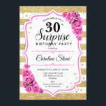 サプライズ30th誕生日 – 金ゴールドホワイトピンク 招待状<br><div class="desc">サプライズ30th誕生日招待状。白フェミニン色、ピンクのデザインとフェイクグリッター金ゴールド。機能ストライプ、赤面ピンクのバラ、スクリプトフォントと紙吹雪。エレガントな誕生日パーティーに最適。任意のパーソナライズされた年齢を示すことができる。メッセージもしの詳細なカスタマイズが必要。</div>