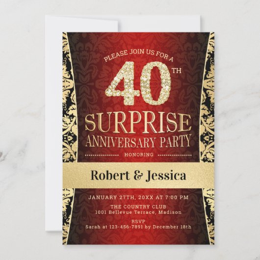 サプライズ40周年パーティー - 赤 ゴールド ブラック 招待状 (正面)
