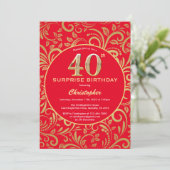 サプライズ40歳の誕生日の赤と金ゴールドフローラ 招待状 (スタンド正面)