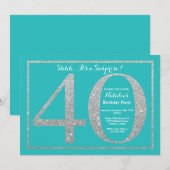 サプライズ40歳の誕生日ティール(緑がかった色)とシルバーグリッター 招待状 (正面/裏面)