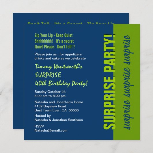 サプライズ40歳の誕生日ネービモダンーブルーアンドライム 招待状 (正面/裏面)