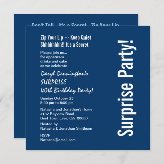 サプライズ40歳の誕生日ネービモダンーブルーホワイトD459 招待状 (正面/裏面)