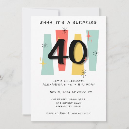 サプライズ40歳の誕生日レトロミッドセンチュリーモダン 招待状 (正面)
