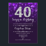 サプライズ40歳の誕生日 – パープルシルバー 招待状<br><div class="desc">サプライズ40th誕生日招待状。紫エレガントのデザインとフェイクグリッター銀大人の誕生日。ダイヤモンド、《写真》ぼけ味ライト、スクリプトフォント。男女の招待状。誕生日パーティスタイリッシュに最適。メッセージもしの詳細なカスタマイズが必要。</div>