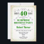 サプライズ40歳の誕生日 - 緑 白 黒 招待状<br><div class="desc">男性または女性の40歳の誕生日のサプライズ招待状。エレガントなレトロなクリーミーな白と緑のデザイン。 タイポグラフィのスクリプトフォントが特徴です。 40年のお祝い！ 任意の年齢にカスタマイズできます。大人のお誕生日サプライズパーティーのスタイルにぴったり。</div>
