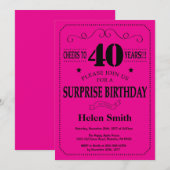 サプライズ40歳の誕生日 黒とホットピンク 招待状 (正面/裏面)