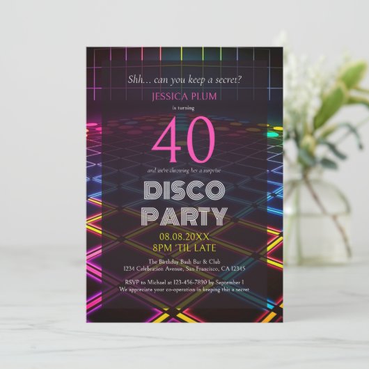 サプライズ40歳バースデーネオンディスコパーティー招待状 招待状 (スタンド正面)