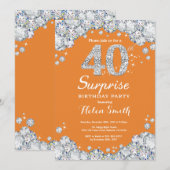 サプライズ40歳誕生日オレンジと銀のダイヤモンド 招待状 (正面/裏面)