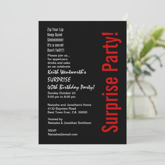 サプライズ40歳誕生日トレンディー白黒レッド 招待状 (スタンド正面)