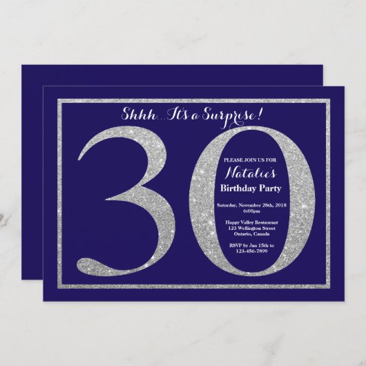 サプライズ40歳誕生日ネイビーブルーシルバーグリッター 招待状 (正面/裏面)