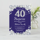 サプライズ40歳誕生日ネイビーブルーシルバーダイヤモンド 招待状 (スタンド正面)