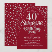 サプライズ40歳誕生日パーティー - シルバー＆レッド 招待状 (正面/裏面)