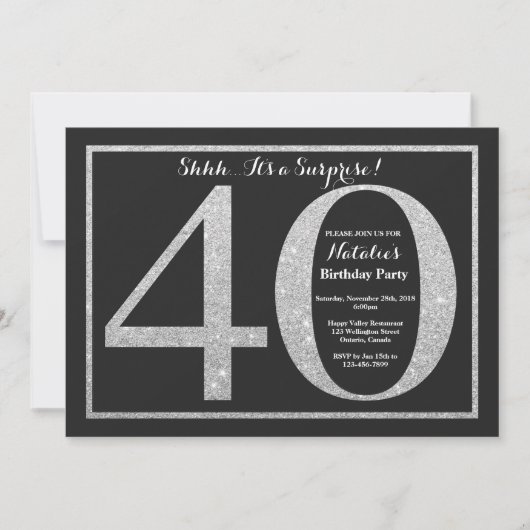 サプライズ40歳誕生日招待状シルバーグリッター 招待状 (正面)