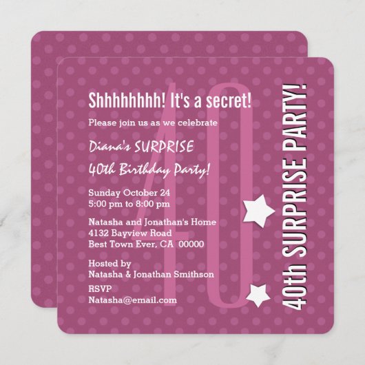 サプライズ40歳誕生日濃いピンク水玉模様V04D 招待状 (正面/裏面)