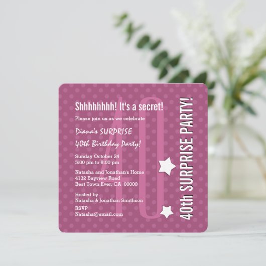 サプライズ40歳誕生日濃いピンク水玉模様V04D 招待状 (スタンド正面)