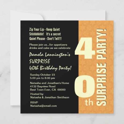 サプライズ40歳誕生日 ゴールドとブラック W577 招待状 (正面)