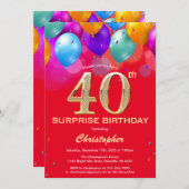 サプライズ40歳誕生日 赤と金の風船 招待状 (正面/裏面)