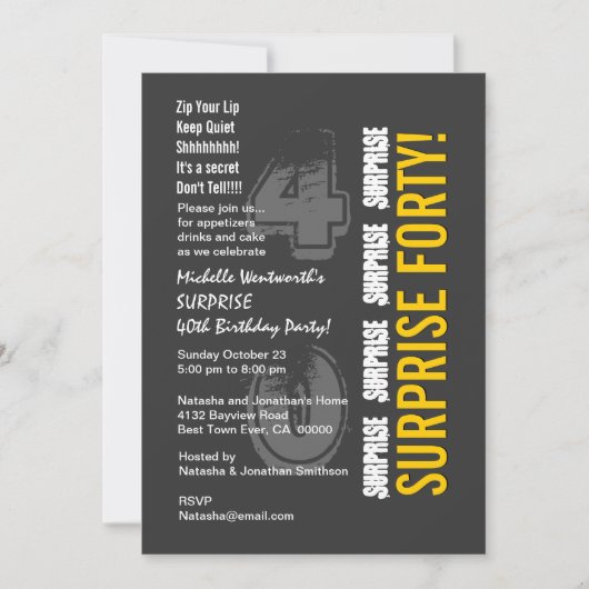 サプライズ40歳 現代風 バースデー グレーとゴールド 招待状 (正面)