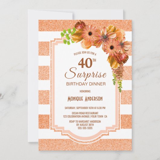 サプライズ40thバースデーディナーオレンジフローラパーティー 招待状 (正面)