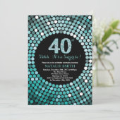 サプライズ40thバースデーブラックとティール(緑がかった色)グリッター 招待状 (スタンド正面)