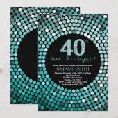 サプライズ40thバースデーブラックとティール(緑がかった色)グリッター 招待状 (正面/裏面)