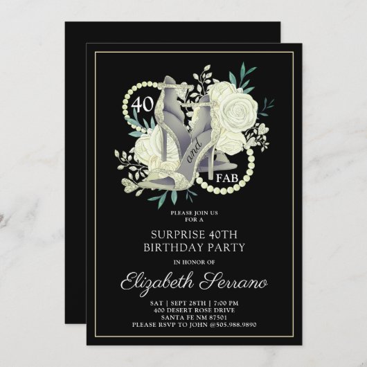 サプライズ40thバースデーホワイトブラックグリッター 招待状 (正面/裏面)