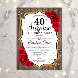サプライズ40thバースデー素朴- Wood Red Roses 招待状<br><div class="desc">サプライズ40th誕生日招待状。素朴フェミニンなデザインとフェイクグリッター金ゴールド。木の模様、赤いバラ、スクリプトフォントと紙吹雪を備えている。エレガントな誕生日パーティーに最適。任意のパーソナライズされた年齢を示すことができる。メッセージもしの詳細なカスタマイズが必要。</div>