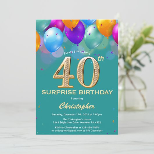 サプライズ40th誕生日ティール（緑がかった色）と金ゴールドバルーン 招待状 (スタンド正面)
