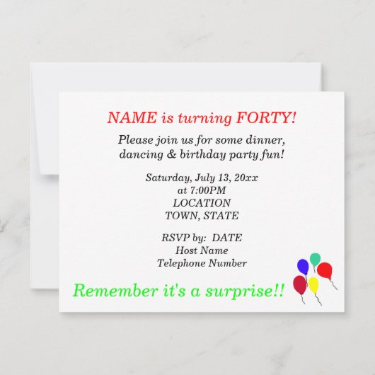 サプライズ40th誕生日バルーンパーティの招待状 招待状 (裏面)