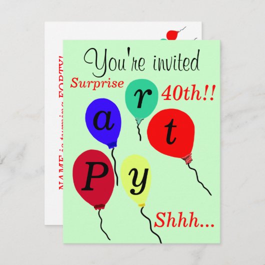 サプライズ40th誕生日バルーンパーティの招待状 招待状 (正面/裏面)