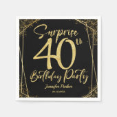サプライズ40th誕生日パーティーブラック&金ゴールドグリッター スタンダードカクテルナプキン (正面)