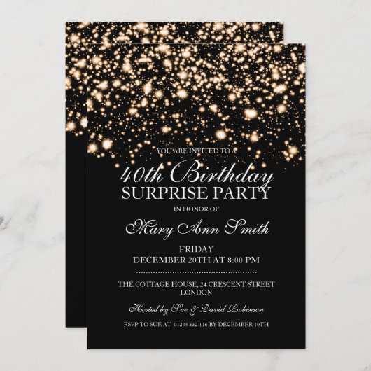 サプライズ40th誕生日パーティー金ゴールドミッドナイトグラム 招待状 (正面/裏面)