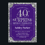 サプライズ40th誕生日パーティー – シルバーパープル 招待状<br><div class="desc">サプライズ素朴40th誕生日お祝い招待状。紫エレガントとフェイクグリッター銀のパタ王室のーンの上品なデザイン。機能スクエレガントリプトフォントメッセージもしの詳細なカスタマイズが必要。</div>