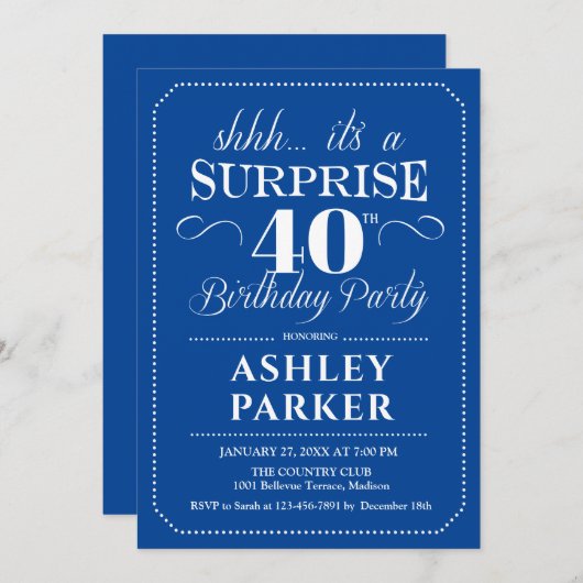 サプライズ40th誕生日パーティー – ネイビーホワイト 招待状 (正面/裏面)